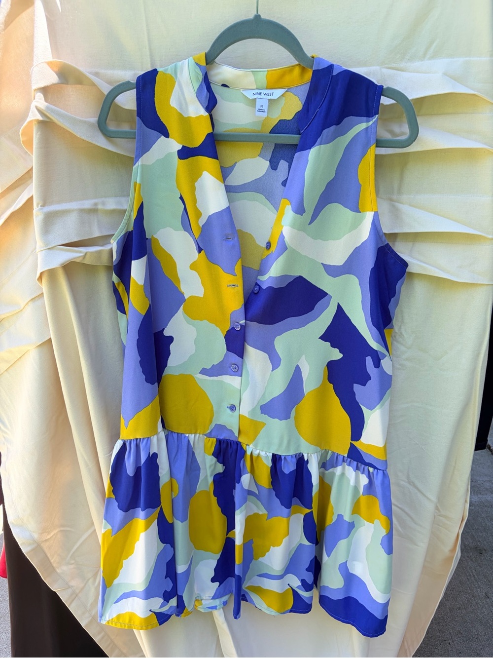 Nine West Multicolor Abstract Sleeveless ruffed hem dress- Yellow, Blue, Mint
